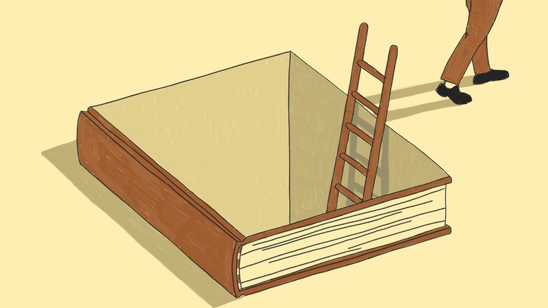 A brown, black, and white illustration of a person walking out of a hole shaped like a book via a ladder.