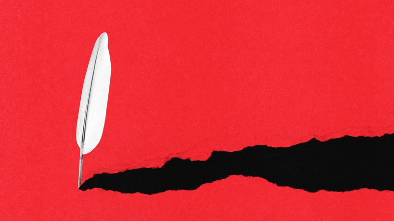 Illustration of a feather quill with a long dark shadow in a field of red.