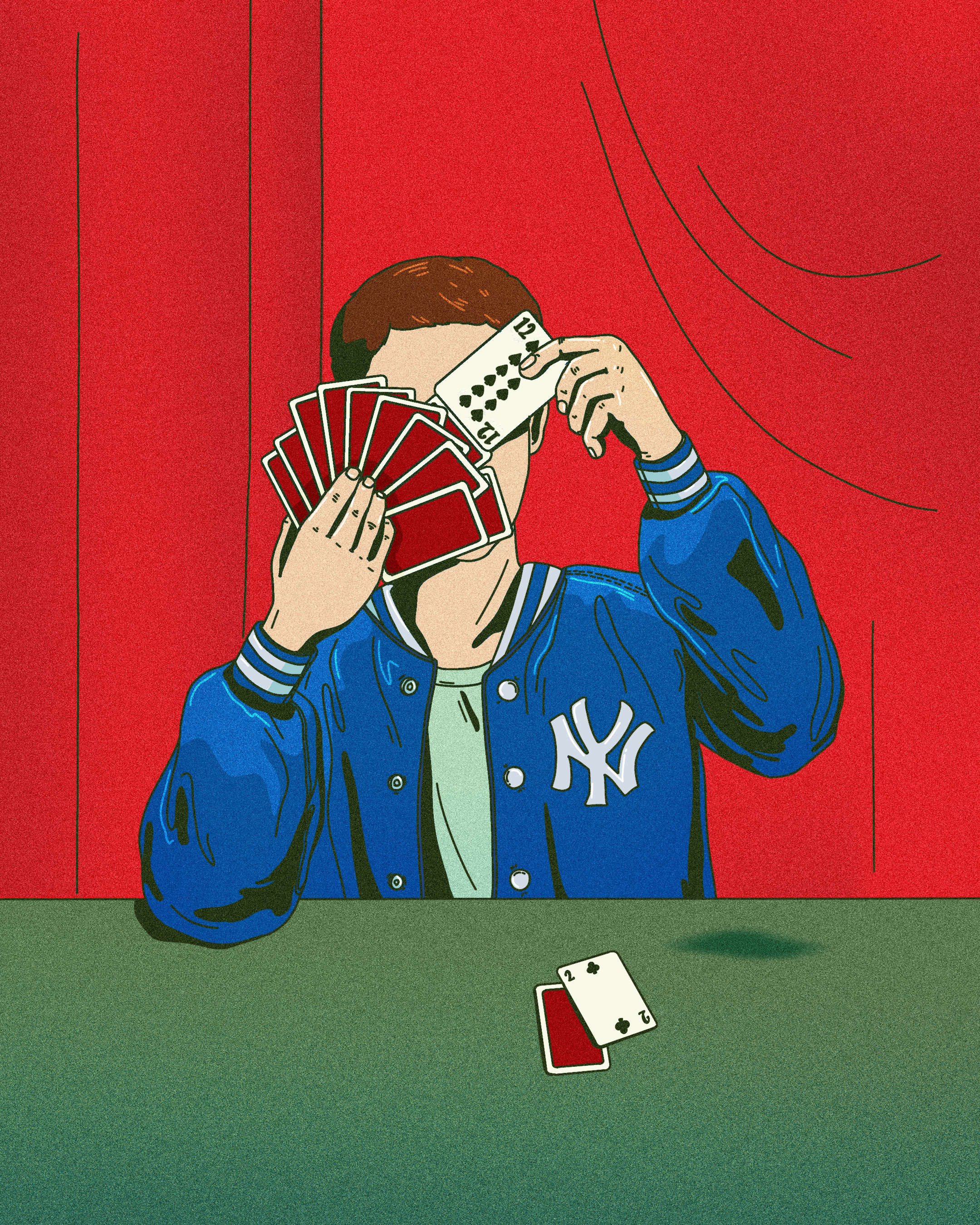 A boy sitting at a green table and holding fanned out playing cards with a red curtain behind him