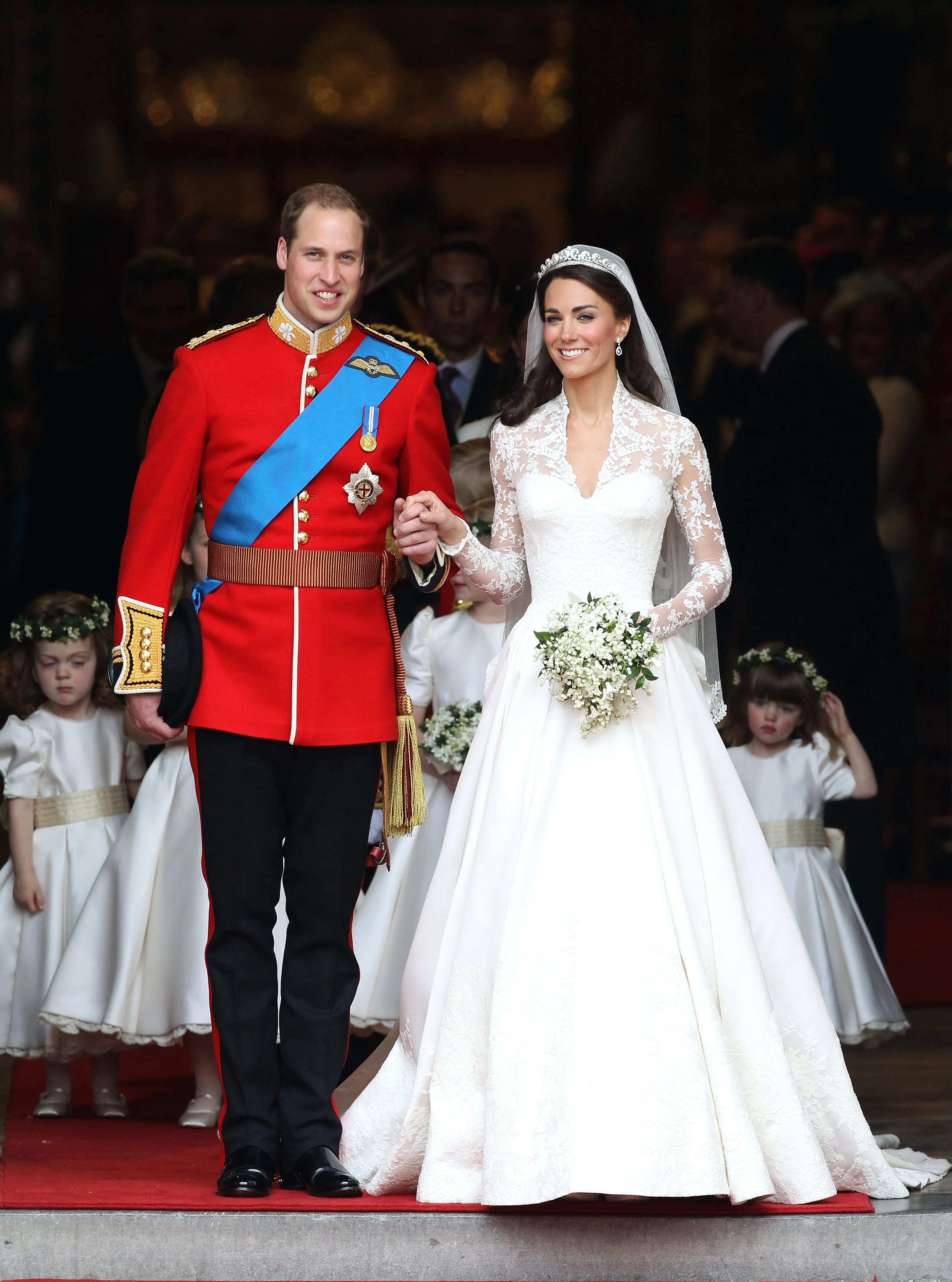 Prince William and Catherine, Duchess of Cambridge, smiling after their wedding.