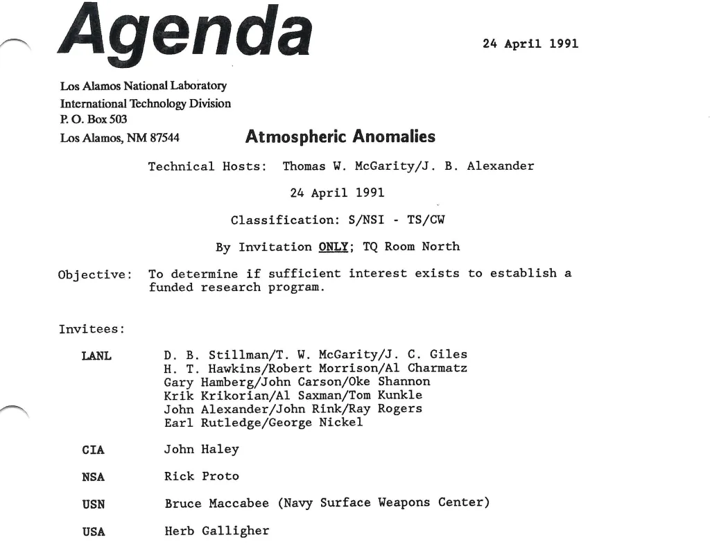 Agenda for a 1991 meeting at Los Alamos National Lab discussing the investigation of 