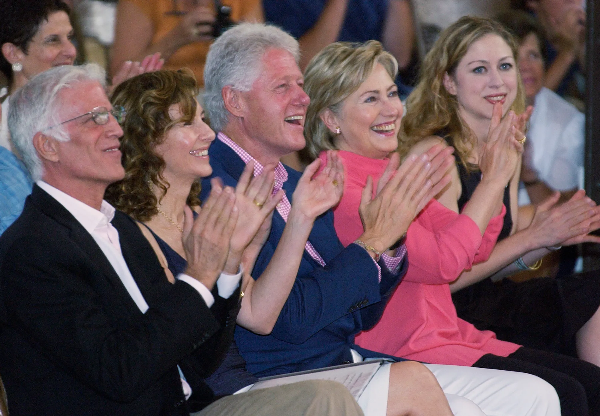 Actor Ted Danson, left, actress Mary Steenburgen, second left, former President Bill Clinton, presidential hopeful Sen. Hillary Clinton, D-N.Y., second right and Chelsea Clinton, right, applaud during a fundraiser, Saturday, Aug. 25, 2007, at the Tabernacle at Oak Bluffs, a town on the island of Martha's Vineyard, Mass.