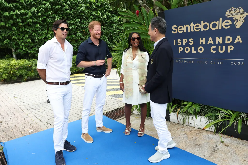 Nacho Figueras, Prince Harry, Dr. Sophie Chandauka MBE, and Mr. Lawrence Khong Kin Hoong at the Sentebale ISPS Handa Polo Cup.