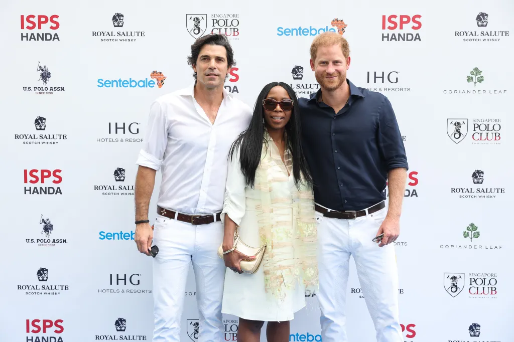 Dr. Sophie Chandauka, Nacho Figueras, and Prince Harry pose for a photo at the Sentebale ISPS Handa Polo Cup.