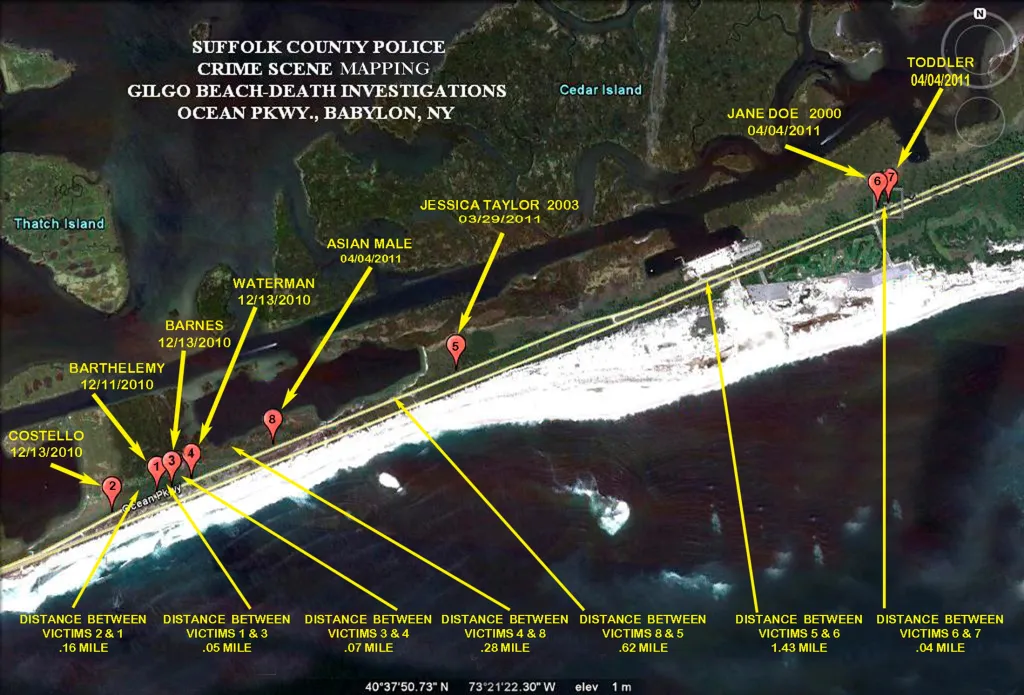 The locations where eight of 10 bodies were found near Gilgo Beach since December 2010 are seen in this Suffolk County Police handout image released to Reuters on September 20, 2011.