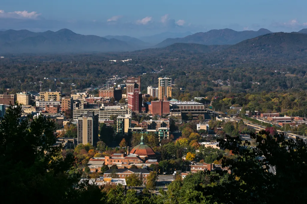 Downtown Asheville, North Carolina, seen on a sunny autumn day.