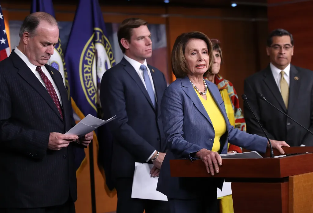 Nancy Pelosi at a press conference with other House Democrats.