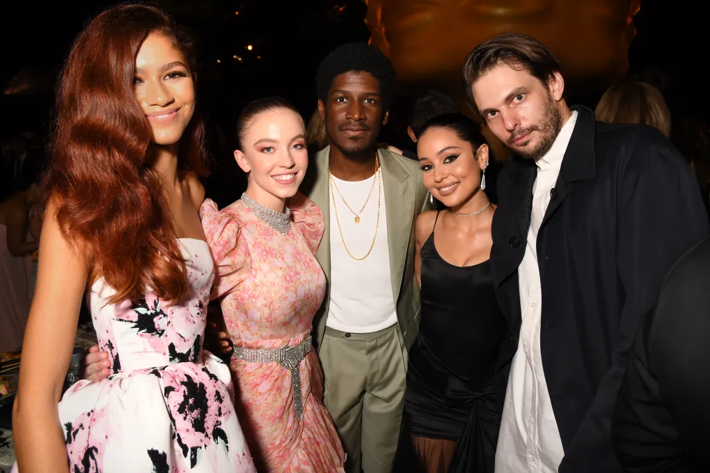 Zendaya, Sydney Sweeney, Labrinth, Alexa Demie, and Sam Levinson pose at HBO's Official 2019 Emmy After Party.