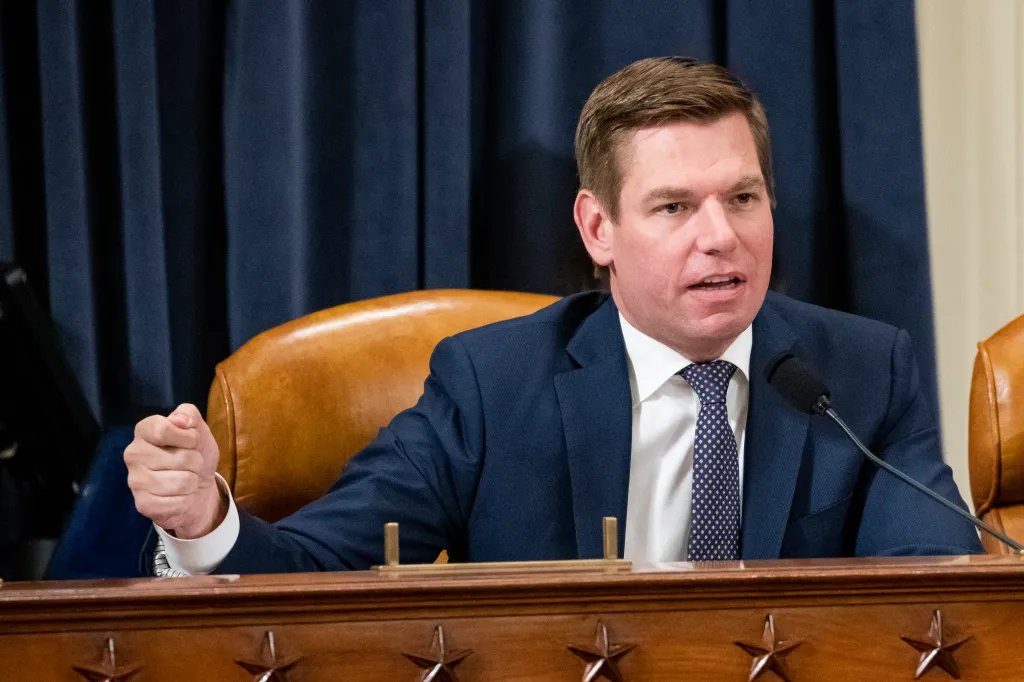 Representative Eric Swalwell speaking during the impeachment inquiry hearings against President Donald Trump.