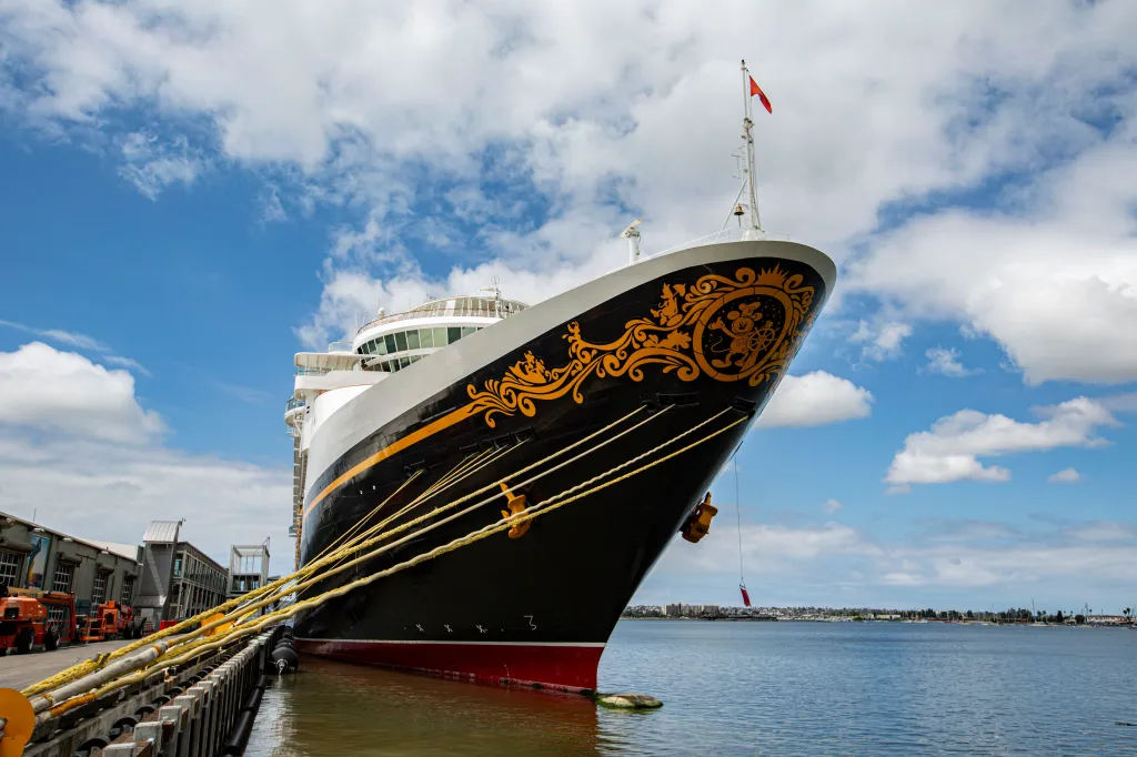 The cruise ship Disney Wonder docked in San Diego with entertainment venues closed.