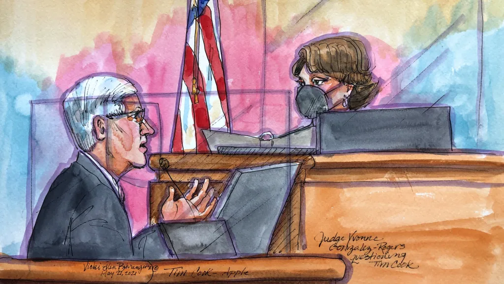 Illustration of Tim Cook testifying during the Apple-Epic Games antitrust trial.