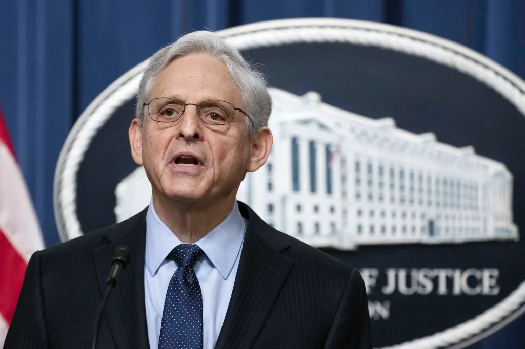 Attorney General Merrick Garland speaking at a news conference.