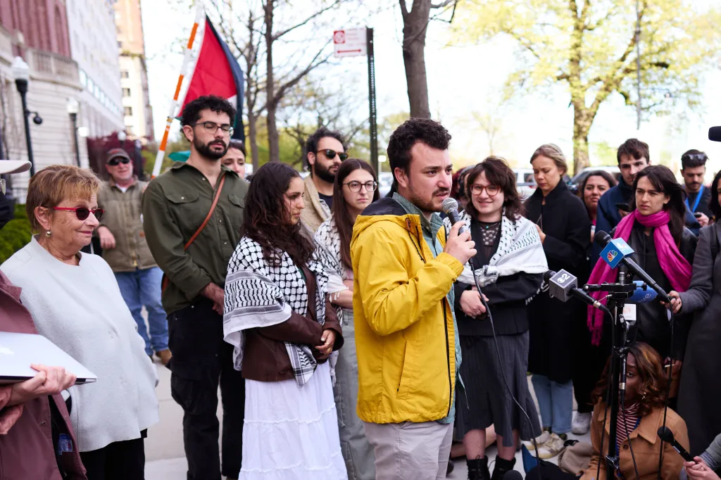 Columbia University Apartheid Divest Leader Mahmoud Khalil leads a news conference during the Columbia University protests on April 23, 2024.
