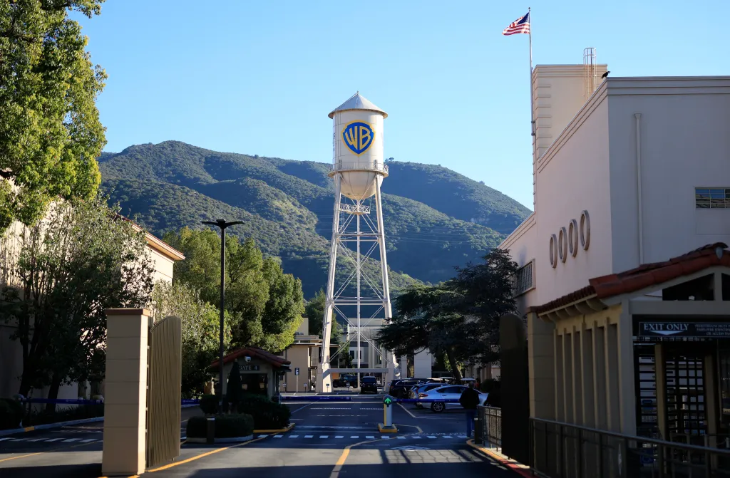 The iconic Warner Bros. water tower at the Warner Bros. Studio in Burbank, California.