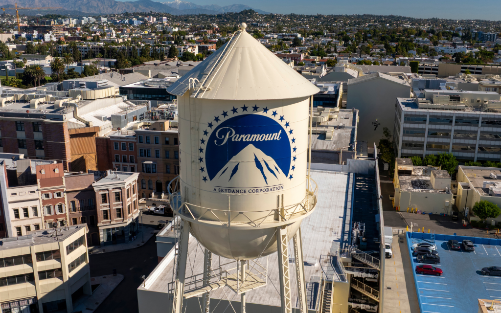 Aerial view of the Paramount Pictures water tank and surrounding studio lot.