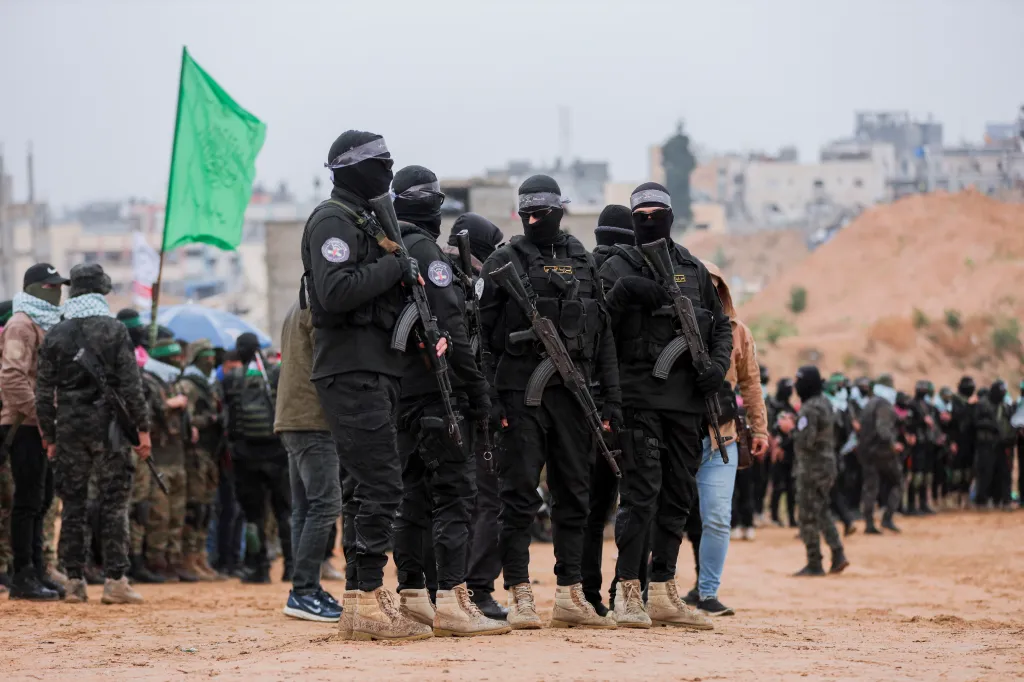 Hamas militants gather in Khan Yunis.