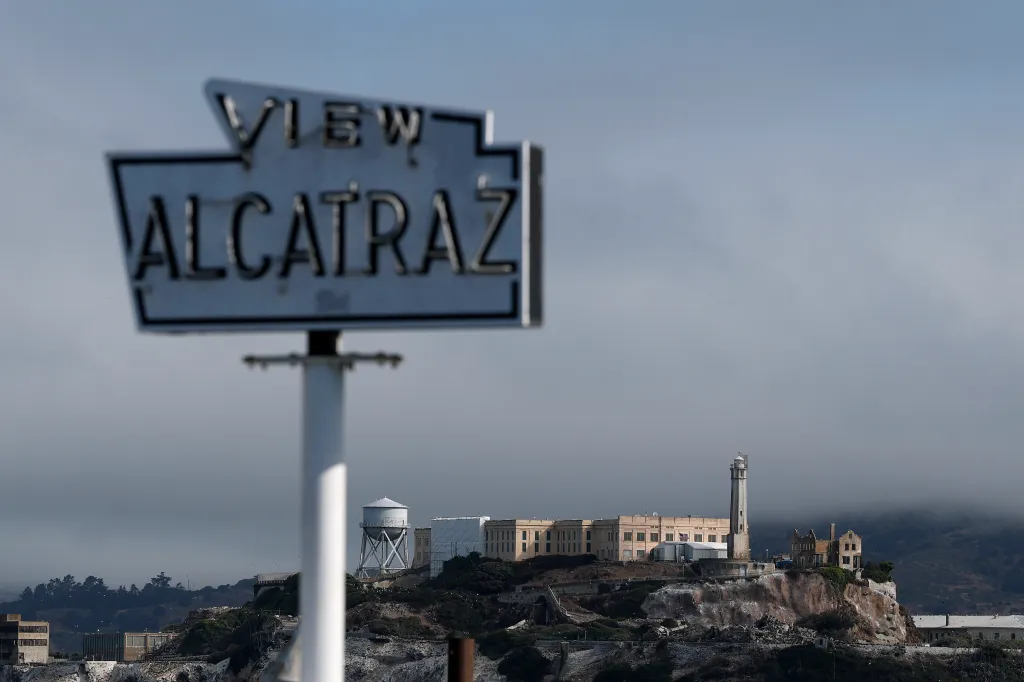 A view of Alcatraz Island with a blurry
