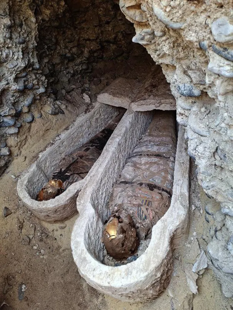 Two mummies in stone coffins unearthed in a tomb.