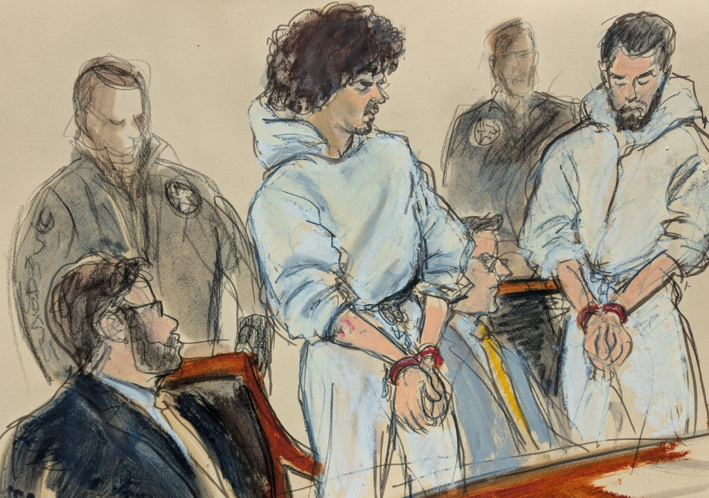 Illustration of Emir Balat and Ibrahim Kayumi in court, handcuffed, with their lawyer and two officers.
