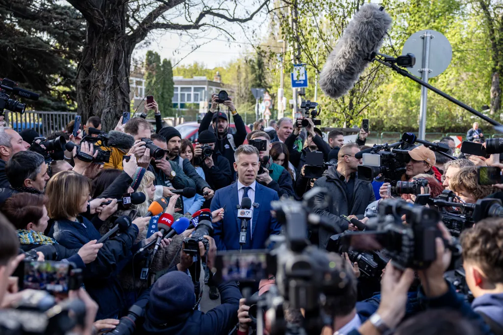 Peter Magyar speaks to media after casting his vote in Hungarian parliamentary elections.