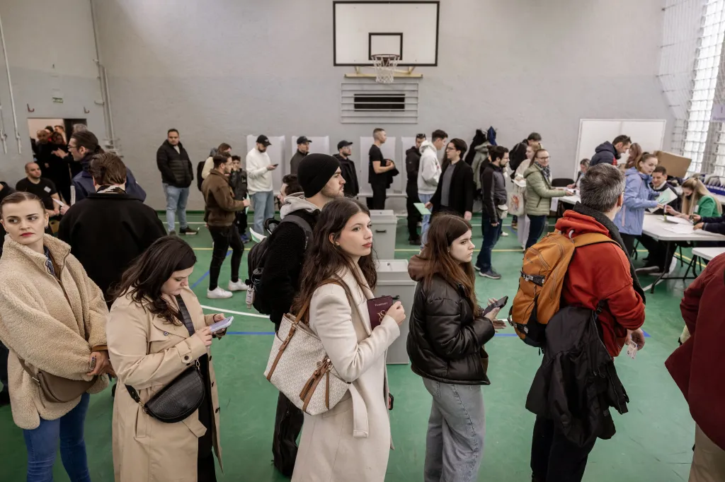 Voters queue at a polling station in Budapest, Hungary.