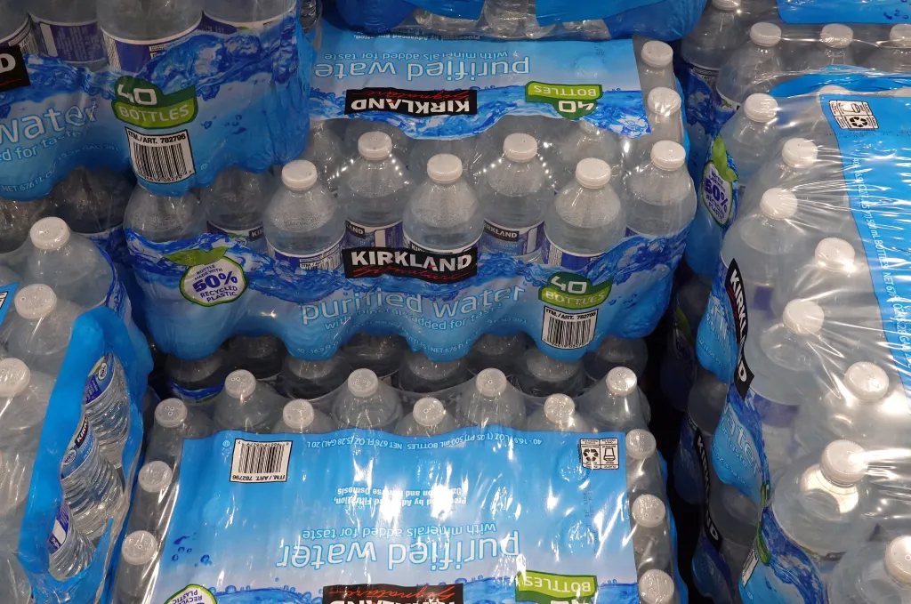 Cases of bottled water for sale at a Costco store in Burbank, California.