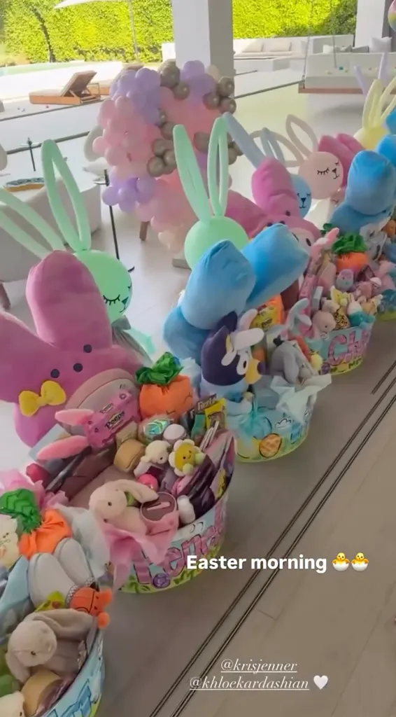 Easter baskets filled with plush toys and candy, with large bunny-shaped balloons in the background.