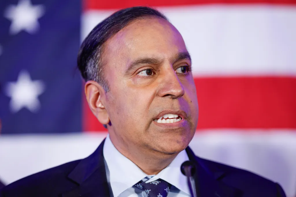 Raja Krishnamoorthi speaks at a primary night event.