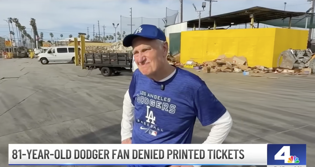 Errol Segal, an 81-year-old Dodgers fan, is denied paper tickets to games.