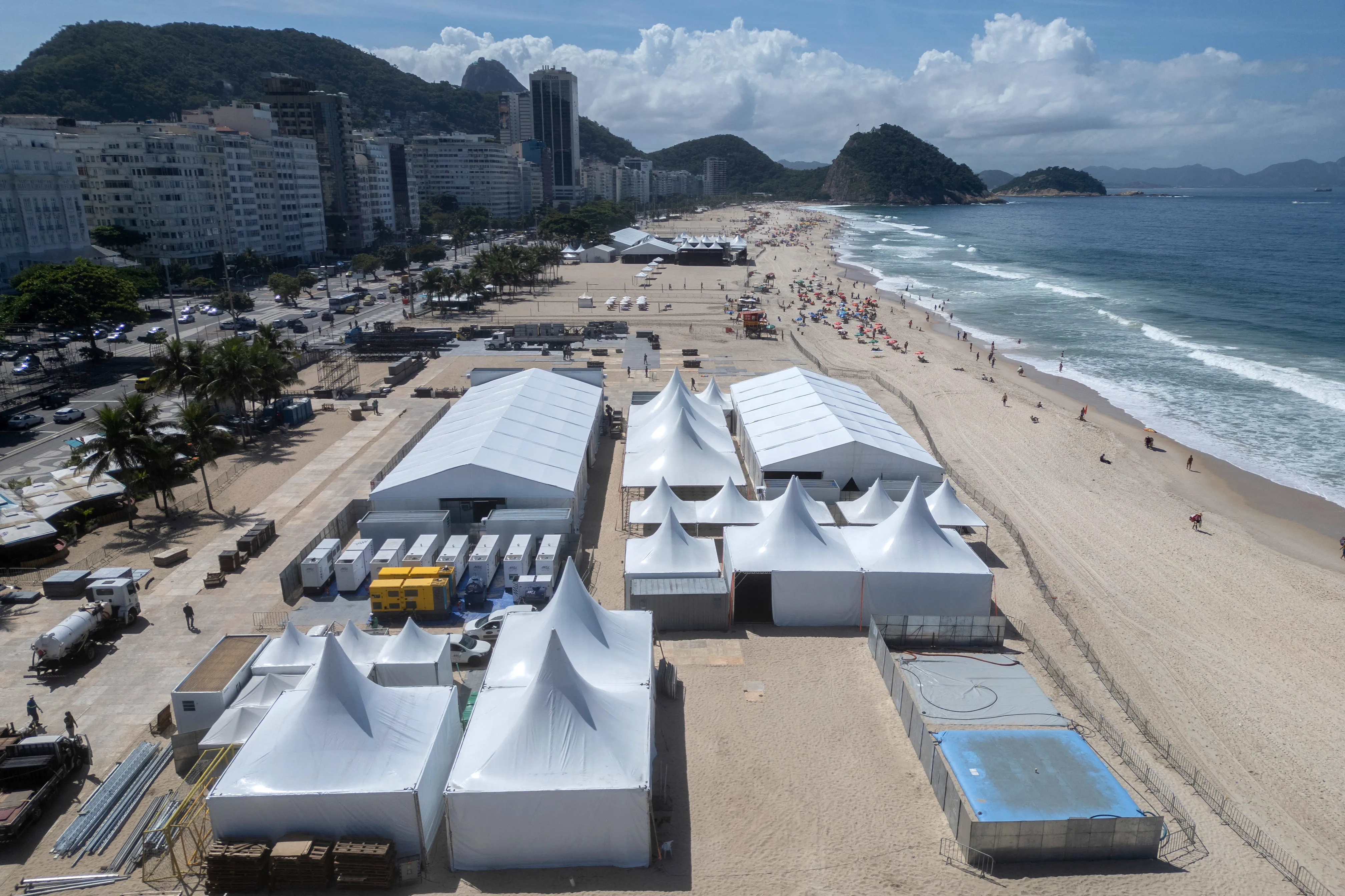 Aerial view of tents being set up for a Shakira concert at Copacabana Beach in Rio de Janeiro, Brazil.