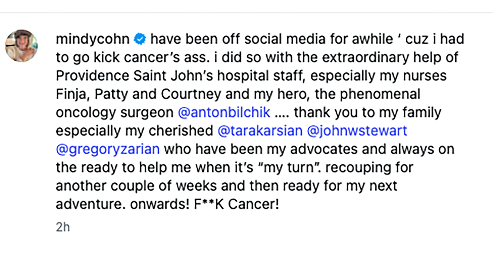 A social media post from Mindy Cohn about her battle with cancer.