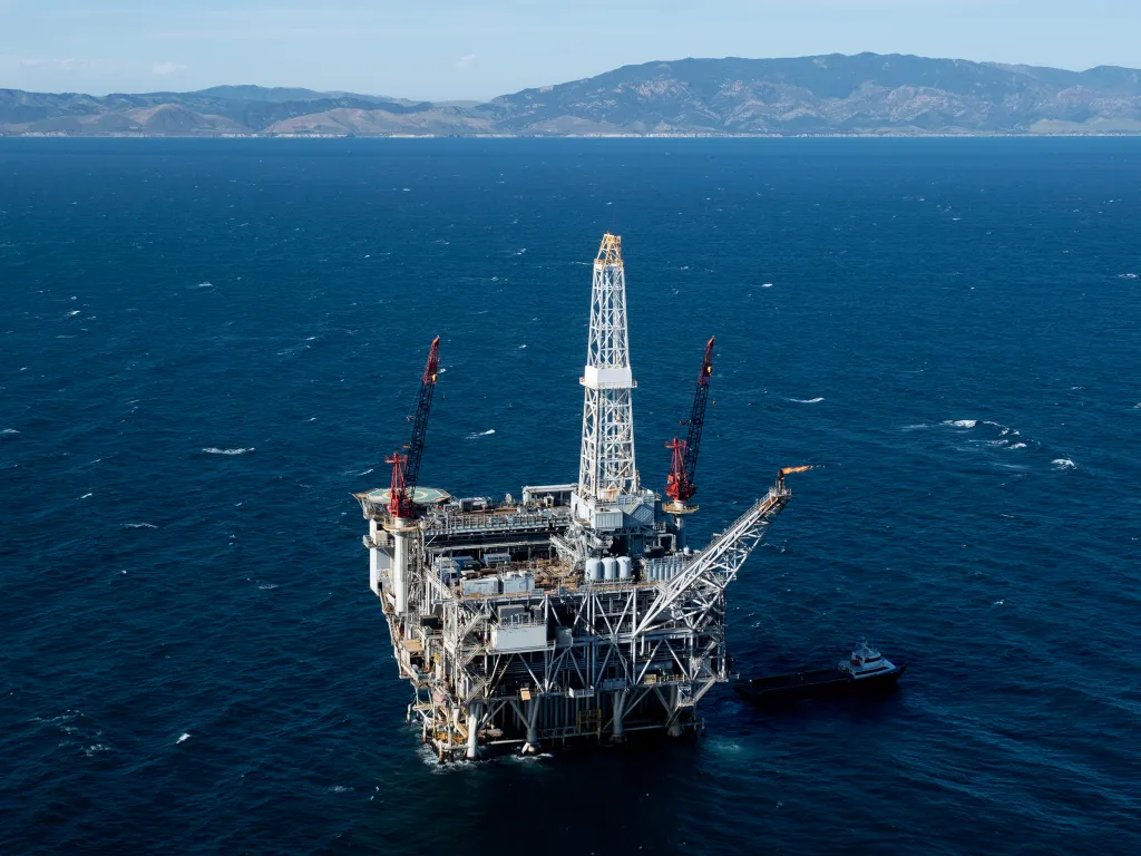 An aerial view of the Heritage platform, an offshore oil rig operated by Sable Offshore Corp.