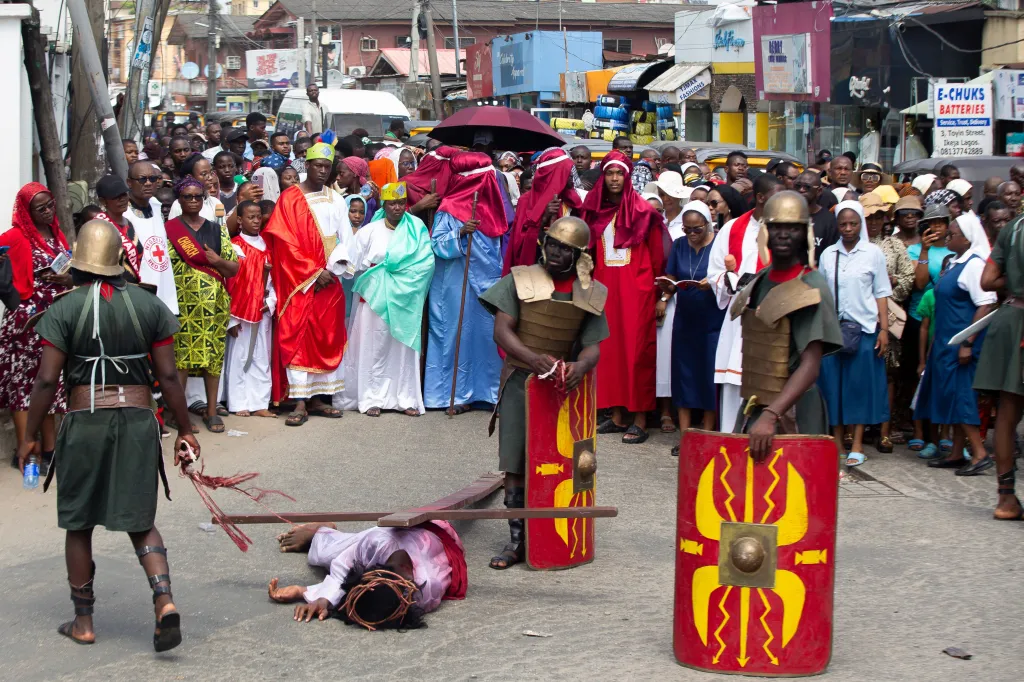 Catholic procession of the Stations of the Cross on Good Friday in Lagos, Nigeria.