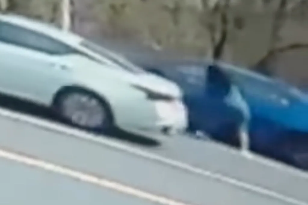 Surveillance footage shows a white car and a blue car on a road.