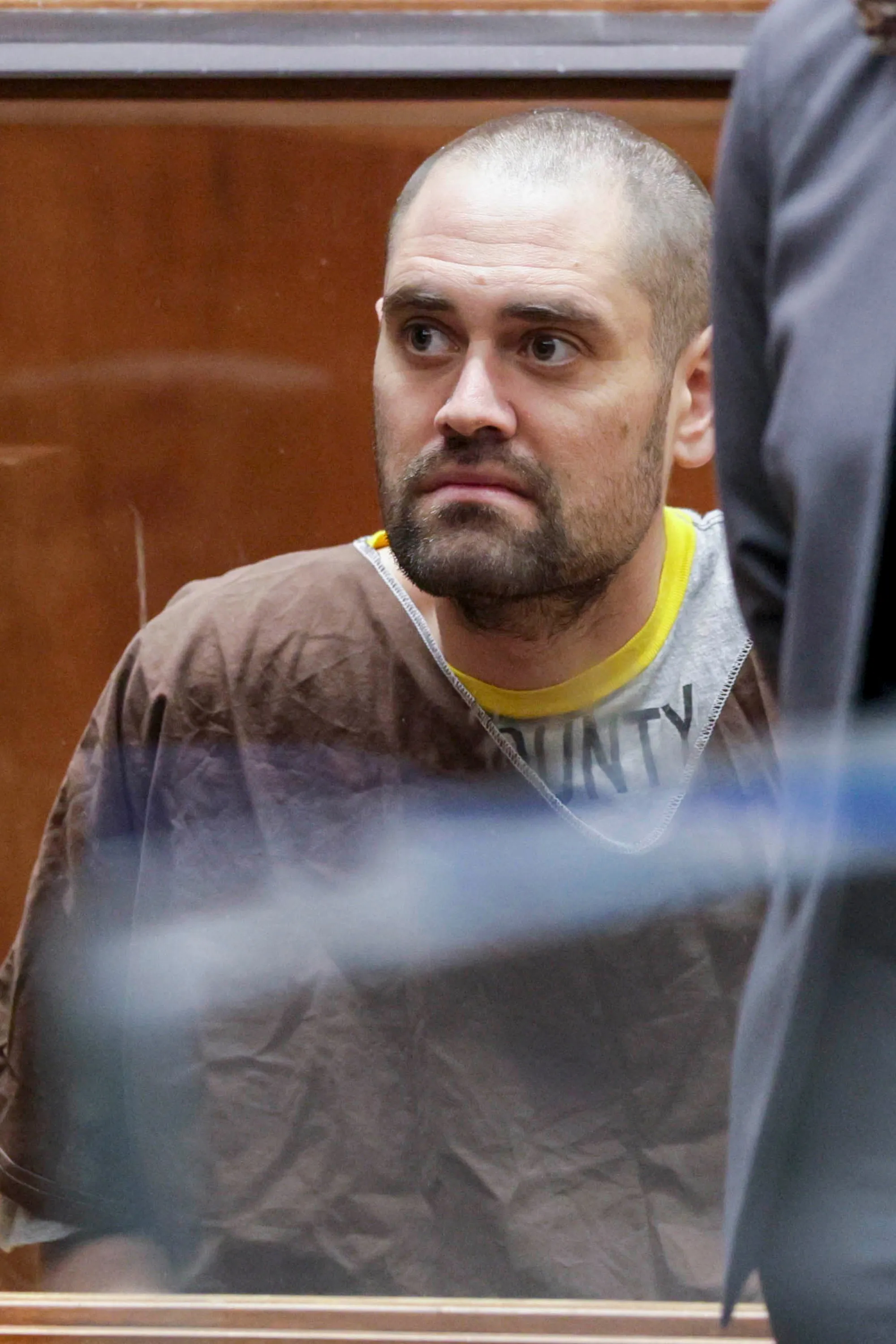Nick Reiner, in a brown shirt over a gray shirt with a yellow collar, appears during his arraignment.
