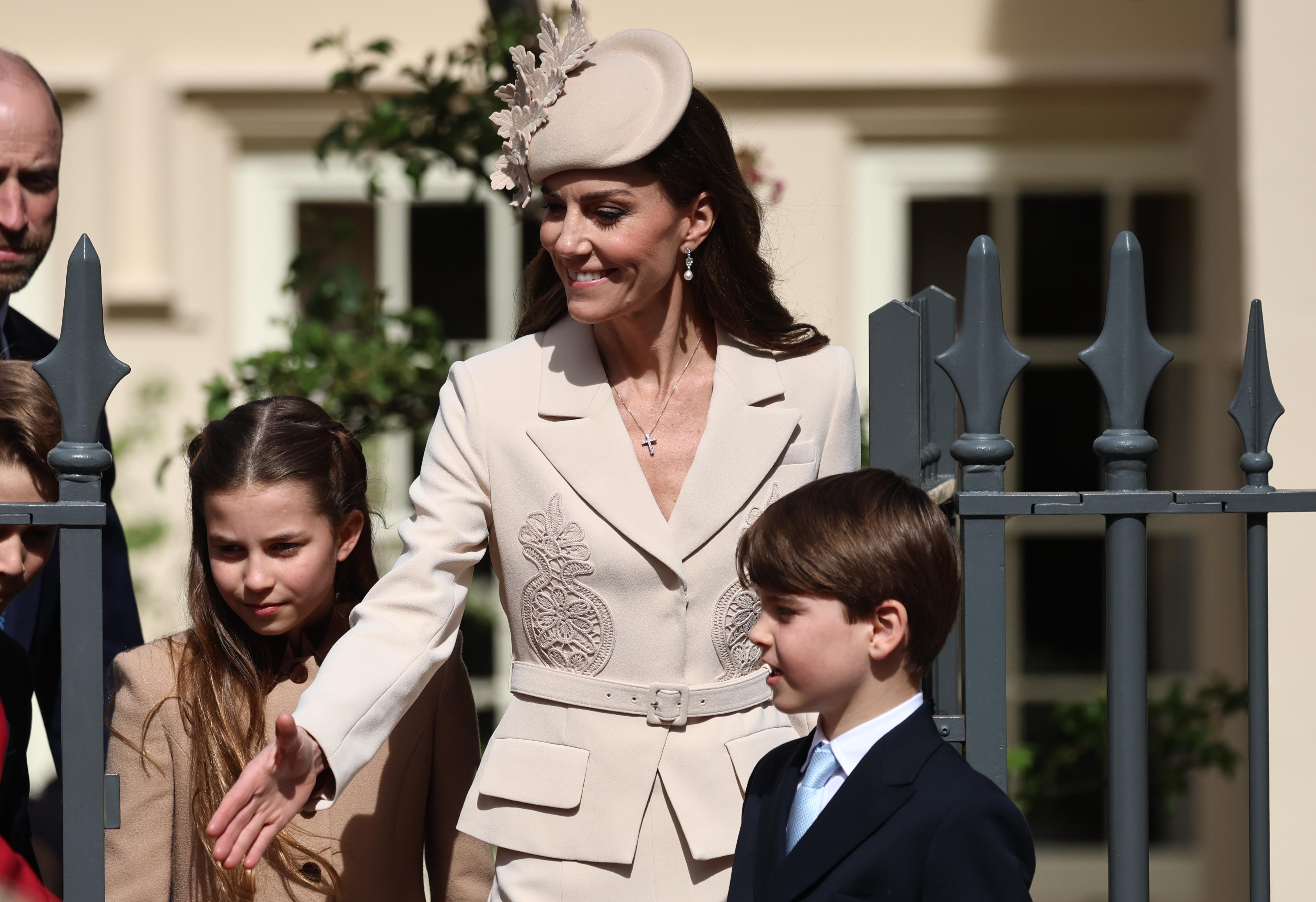 Princess Catherine, Princess Charlotte, and Prince Louis leaving Easter Sunday service.