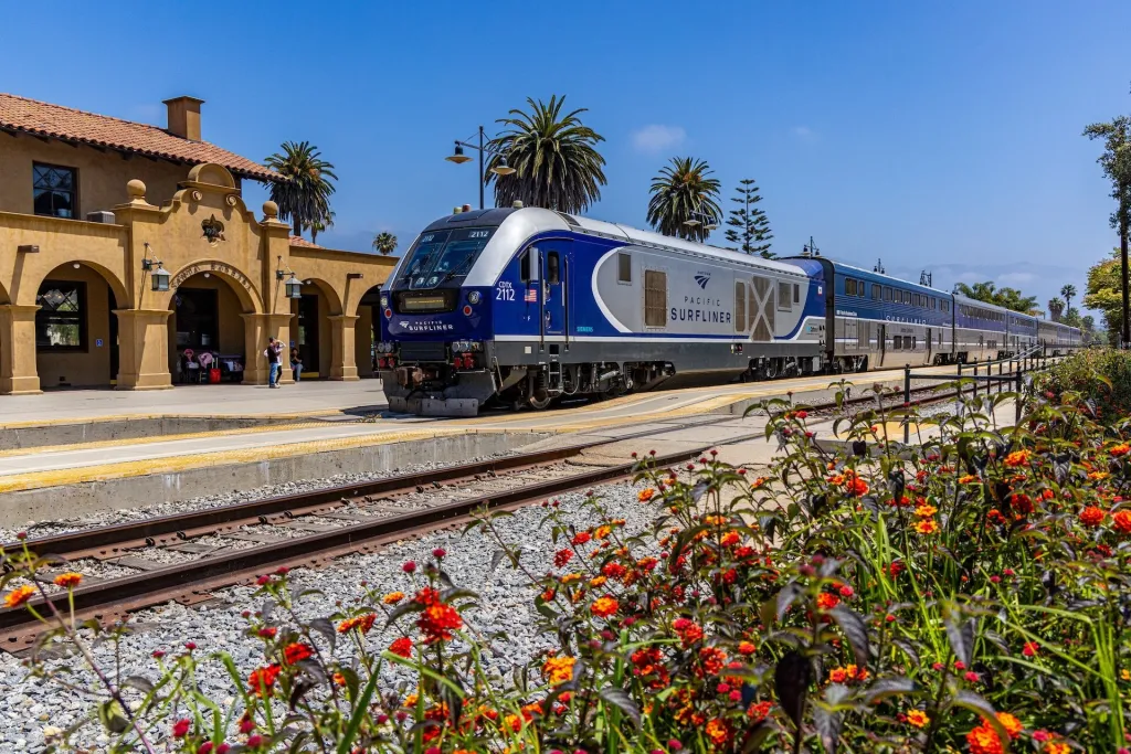 Amtrak Pacific Surfliner train arriving at Santa Barbara Station.