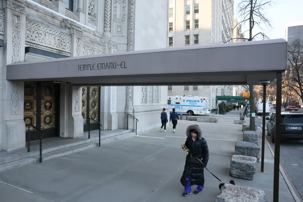 A police mobile command center outside Temple Emanu-El in New York City.