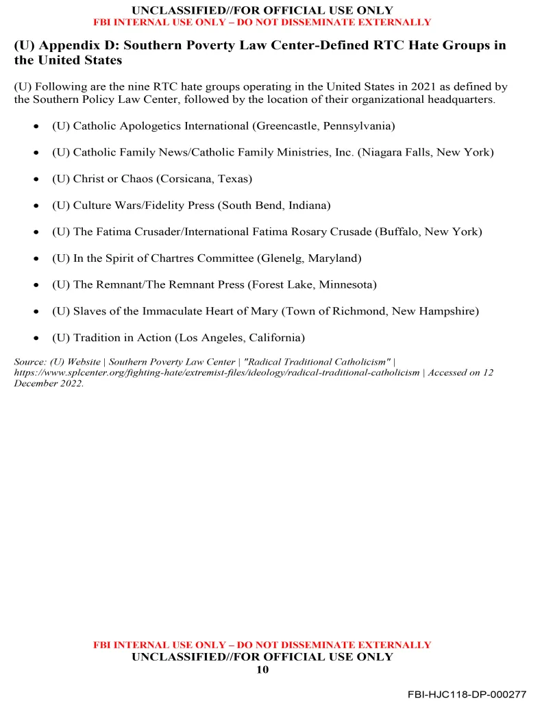 A list of nine Southern Poverty Law Center-defined RTC hate groups operating in the United States in 2021.