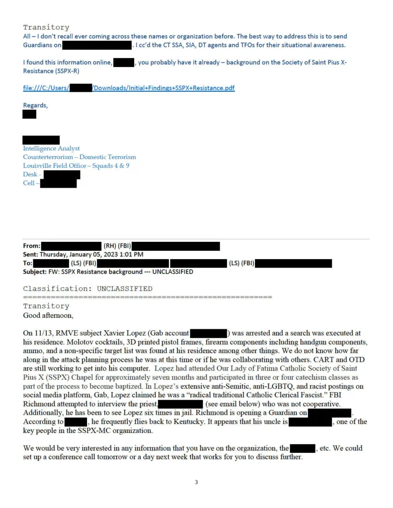 An unclassified FBI email from a domestic terrorism intelligence analyst about a subject who attended an SSPX chapel.