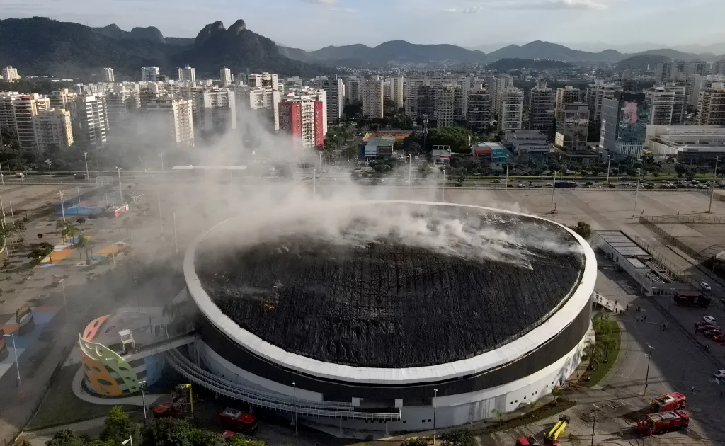 Aerial view of the fire-damaged roof of the velodrome at the Rio de Janeiro Olympic Park.