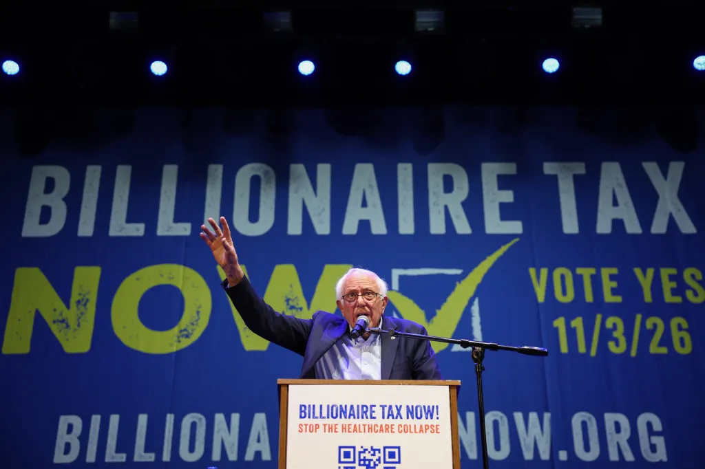 Sen. Bernie Sanders speaks during a campaign event on California Billionaire Tax Act in Los Angeles, on Feb. 18, 2026.