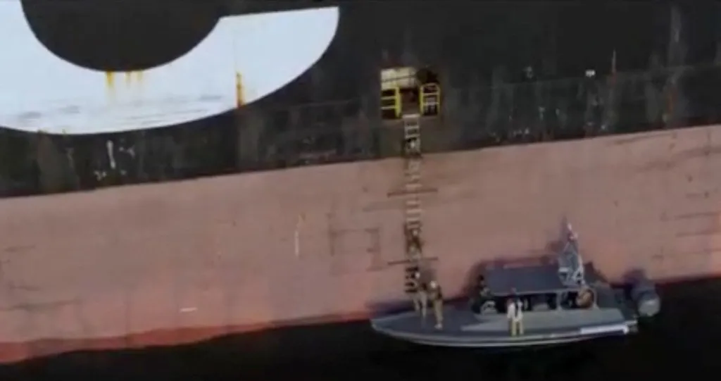 Soldiers climb a ladder from a small boat onto the side of a large container ship.