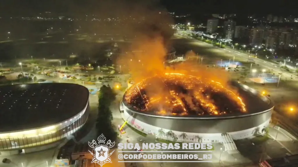 Flames and smoke rise from a fire at the Velodrome in the Olympic Park in Rio de Janeiro.