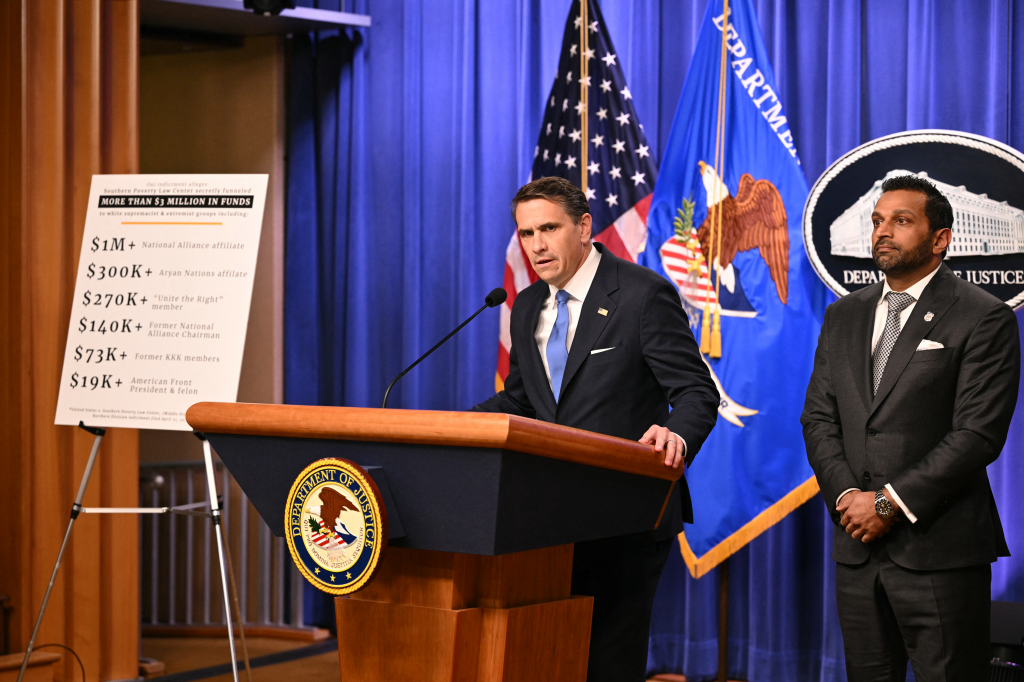 Acting US Attorney General Todd Blanche speaks alongside FBI Director Kash Patel in a press conference about the indictment against the SPLC.
