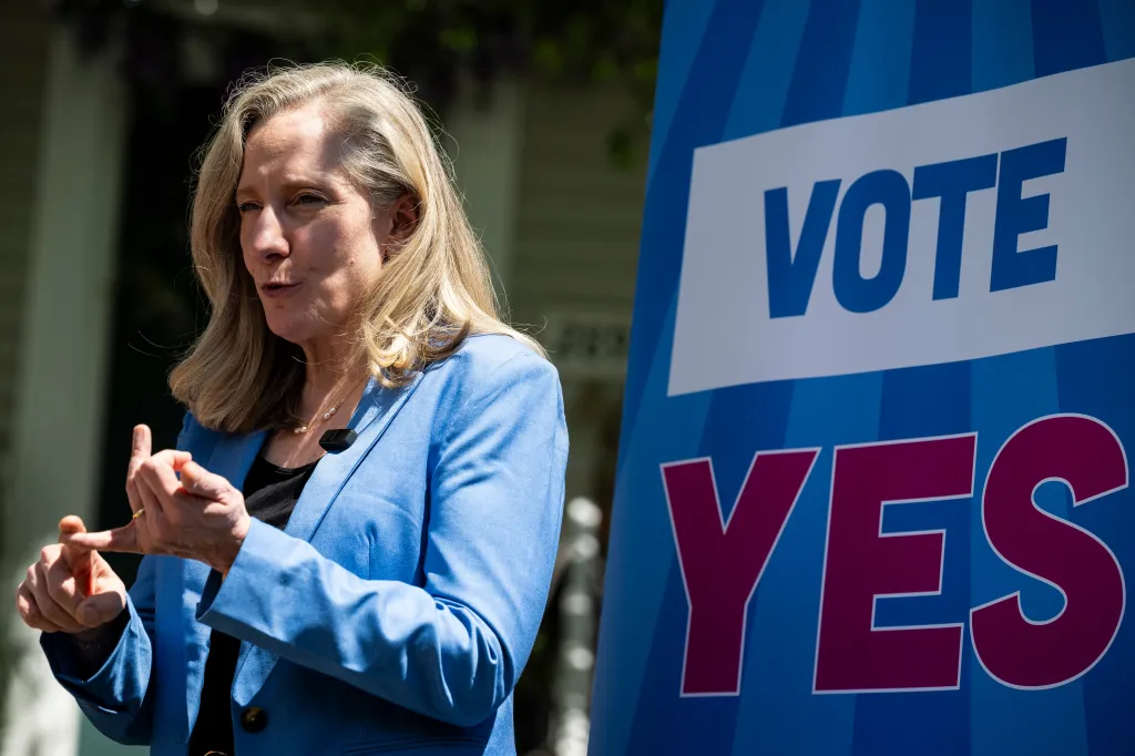 Virginia Gov. Abigail Spanberger speaks during a canvassing event in Woodbridge, Va. on April 18, 2026.