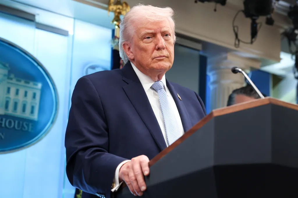 President Trump speaking at a news conference.
