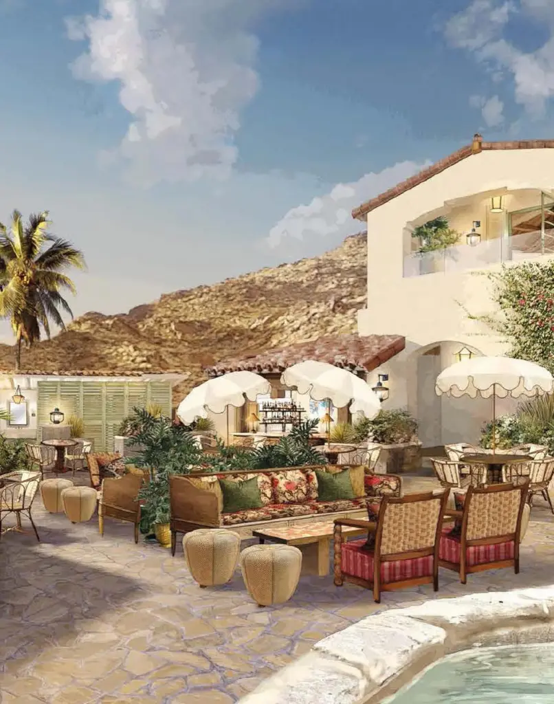 Illustration of the outdoor patio and bar area of Soho Desert House Palm Springs.