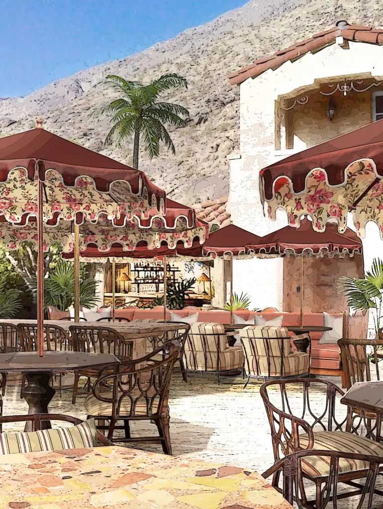 Illustration of the Soho Desert House Palm Springs outdoor seating area with red floral umbrellas, wicker chairs, and a palm tree against a mountainous background.