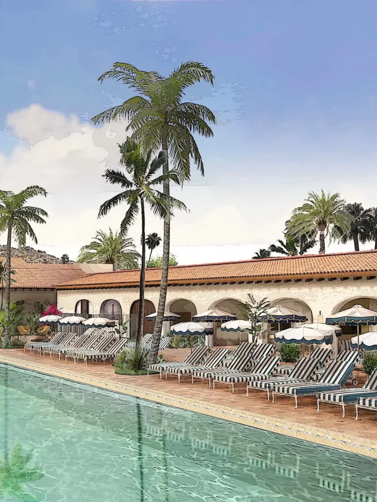 Illustration of the Soho Desert House Palm Springs with a swimming pool, lounge chairs, umbrellas, and palm trees.